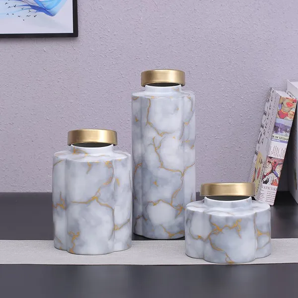 Gold Marble Stripe Sculpture Stone Triangular Conical Covered Flask Ceramic Vase For Living Room photo-4