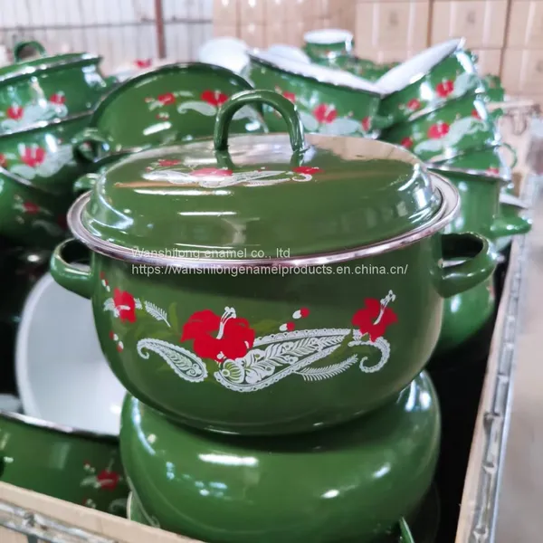 Green Decal Enamel Cookware Pot 5 Pcs Enamel Casserole Set Double Handle Stock Belly Pot With Lid photo-3