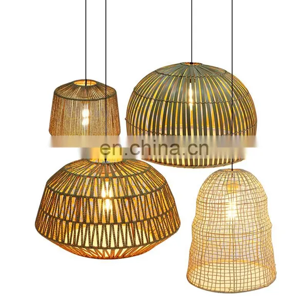 Round Paper Rope Lamp Shade Lantern Woven Rattan Bamboo Pendant Light Handmade Bamboo Lampshade