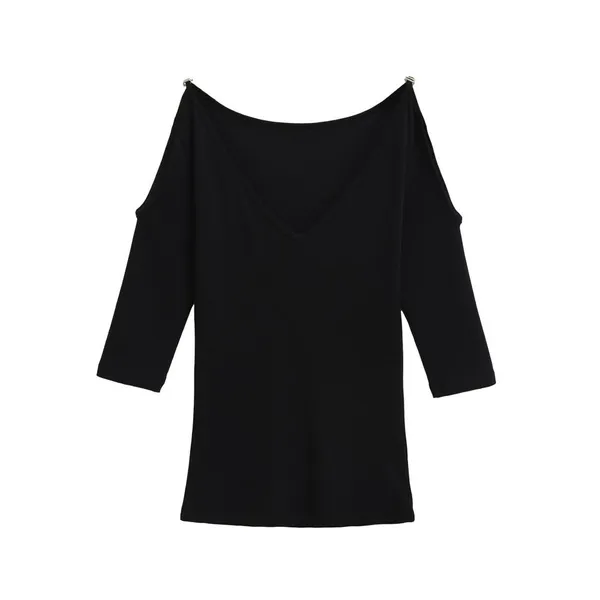 Summer New Fashionable Casual V-neck off Shoulder Design Slim Fit Top Solid Color Mid Sleeve T-shirt photo-3