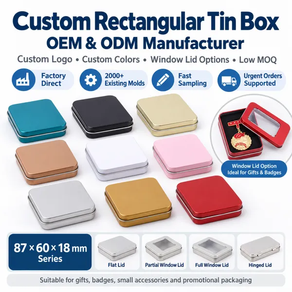 Wholesale Custom Rectangular Metal Tin Box with Logo Printing Clear Window Lid Small Gift Jewelry Badge Packaging Box