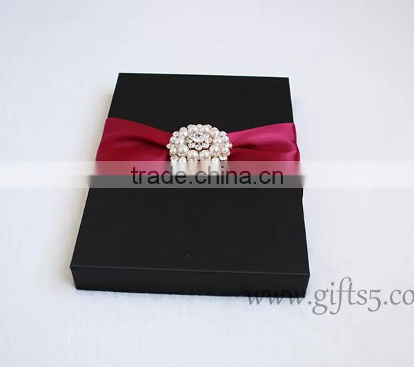 Black Color Silk Wedding Invitation Box With Crown Brooch Embellishment photo-5