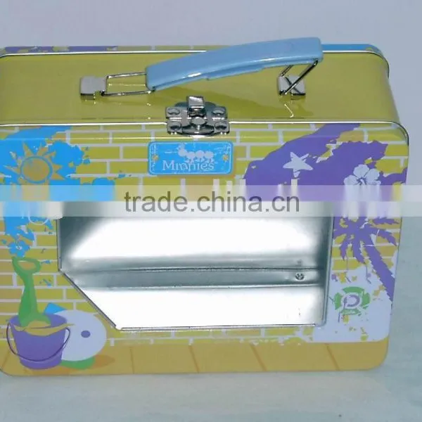 Lunch Tin Box With Plastic Handle , Handle Tin Box With PVC