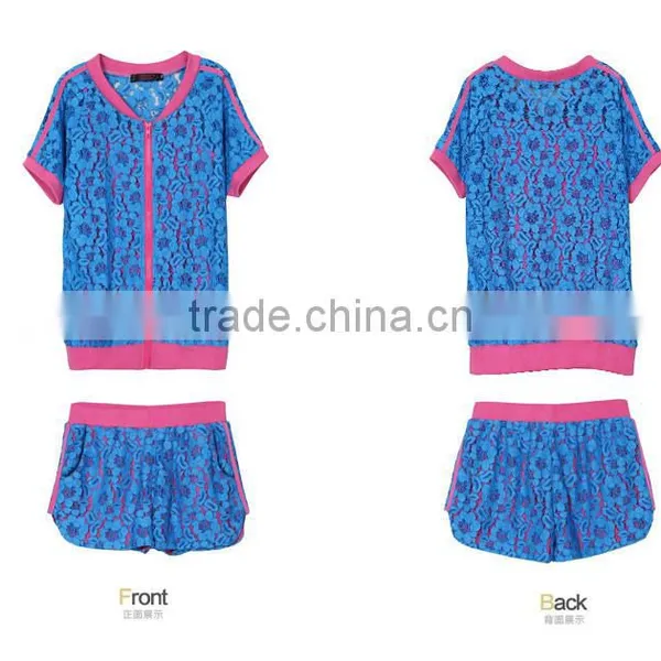 2015 New Style V-neck Short Sleeve Lace Tracksuit Made in China photo-3