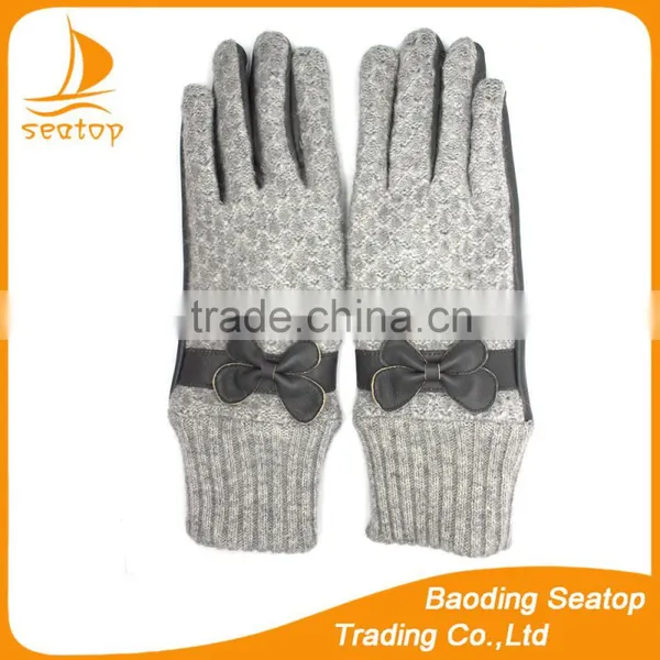 Ladies Warm Leather Gloves With Knit Cuff and Sewings Women Bowknot Gloves