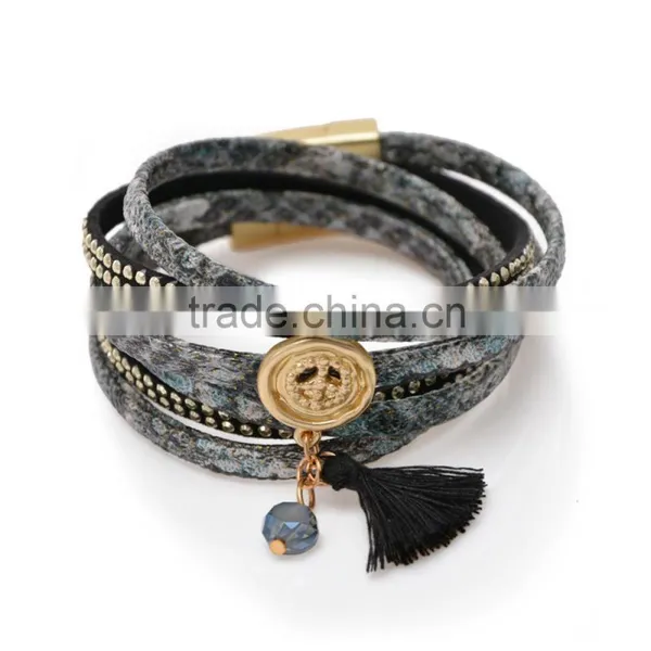Wholesale Multi Layer Gray Green Snake Leather Bracelet Fashion Charm Tassel Leather Bangle With Magnetic Clasp photo-2