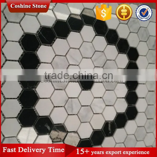 White Carrara and Dark Black Marble Stone Hexagon Shaped Mosaic photo-3