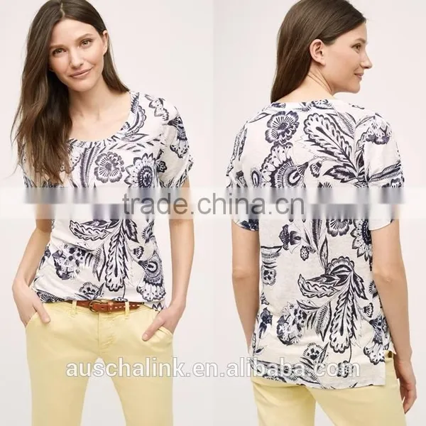 OEM Lady New Pattern Floral Print Linen t Shirt Customized photo-3