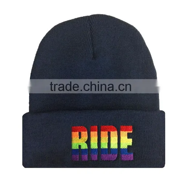 Navy Stitching Knitted Custom Acrylic Beanie With Logo Embroidery photo-2