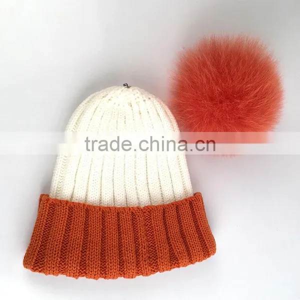 Myfur Ribbed Knitted Hat Adult Size Beanie With Fox Body Fur Pom Poms photo-3