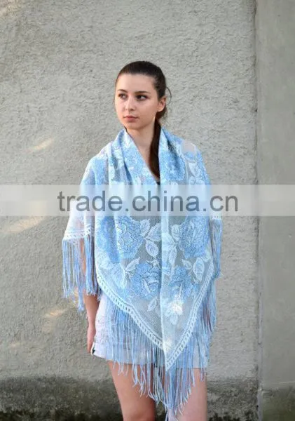 Metallic Lace Shawl, Long Fringe Scarf, Floral Scarf, Summer Shawl, Silver Shawl, Shawl With Roses photo-2