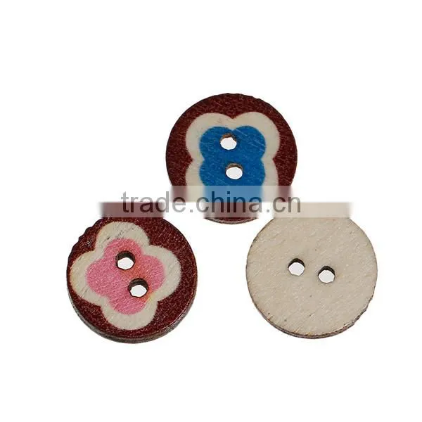 Wood Sewing Buttons Scrapbooking 2 Holes Round Multicolor Flower Pattern photo-3