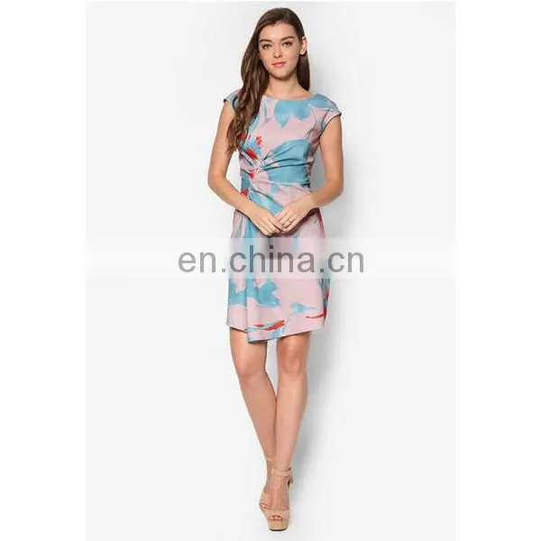 Latest Women Clothing High Quality Cap Sleeve Print Side Ruched Dresses for Women photo-2