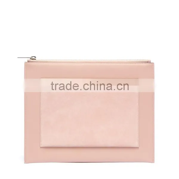 Guangzhou Hot Sale Pink Suede Pocket and Calfskin Leather Evening Party Clutch Pouch Clutches Bag for Woman photo-2