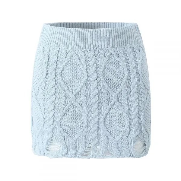 European and American Autumn/Winter new round-neck long-sleeve solid color cable knit sweater with high-waist pencil skirt set with distressed details
