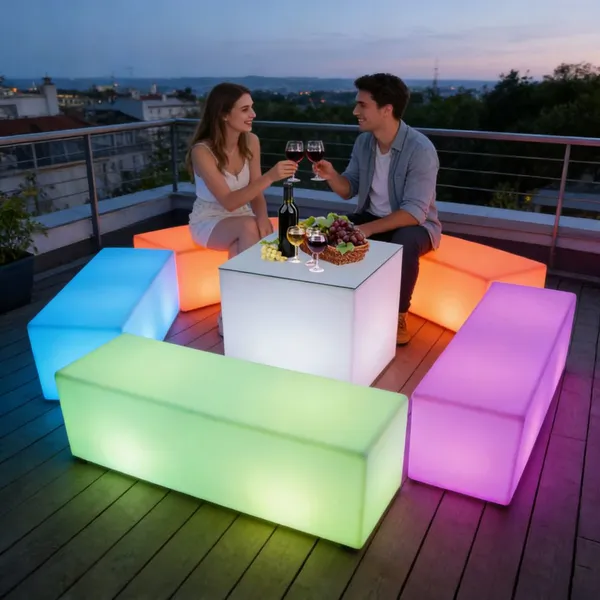 Rustic Plastic Led Cube Chair-Outdoor Rechargeable Modern Design Waterproof Garden Set With Table