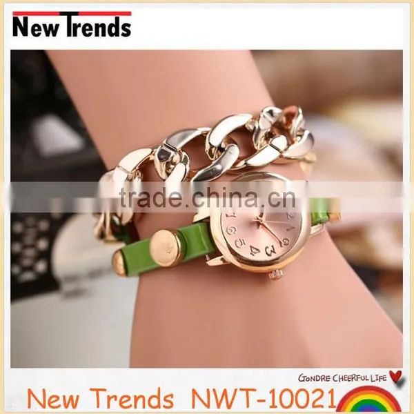 Gold Chain Wrap Bracelet Leather Watch Women Fancy Jewelry photo-5