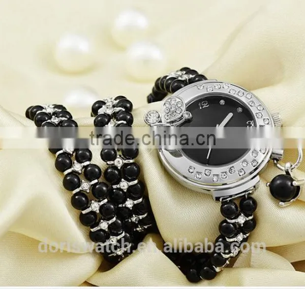 Fashin Alloy Chain Watch 2 Circles Rectangle Pearl Crystal Case Bracelet Luxury Ladies Watches photo-3