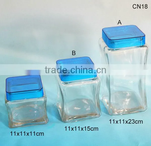 3 Sizes Clear Square Glass Cookie Jars Wth Blue Lid