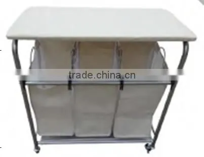 Hotel and Home Usage Triple Laundry Sorter With Ironing Board/3 Lift-off Fableable Landry Sorter photo-5