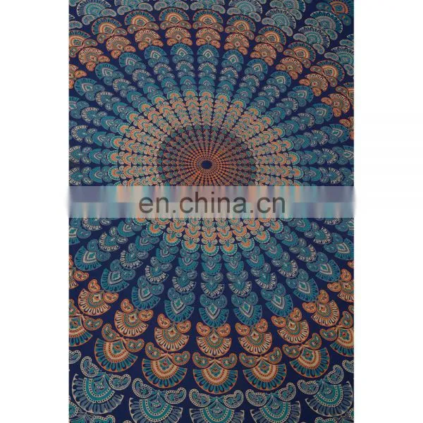Blue Color 100% Cotton Peacock Mandala Queen Size Wall Hanging Indian Tapestry photo-3