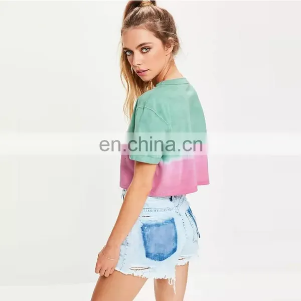 Summer Short Sleeve Distressed Tie-dye Cropped Women t Shirt photo-3