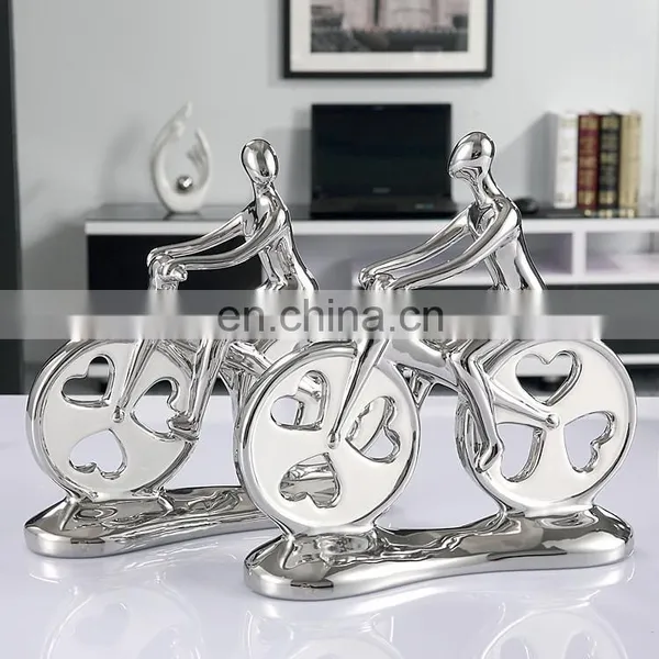Customized Creative Couples Biking Ornaments Silver-plated Glazed Ceramic Home Decor Art Ornaments photo-5