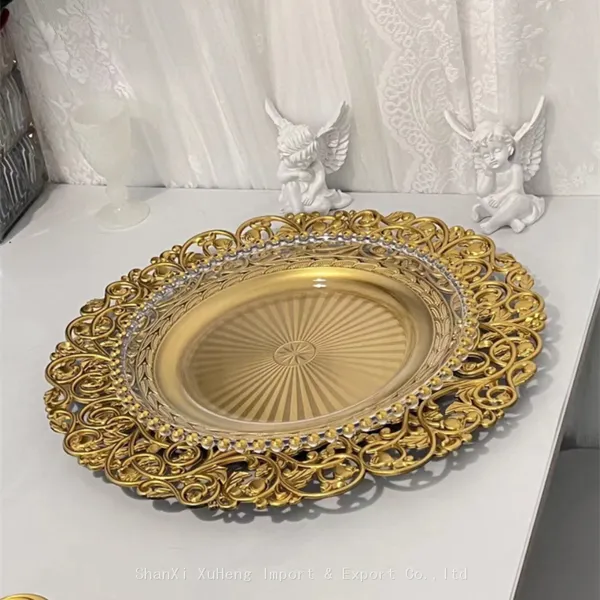 New European Style 13 Inch Round Wedding Party Table Decoration Gold Flower Pattern Plastic Charger Plates photo-4