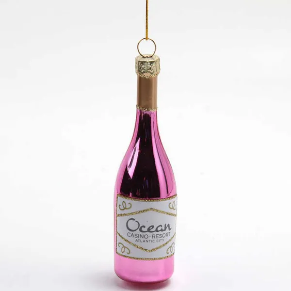 Wholesale Price Customized Navidad Xmas Hanging Ornament Personalized Pink Rose Wine Bottle Shaped Custom Design Glass Christmas Crafts Factory