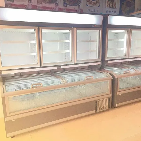Top Glass, Bottom Island Cabinet, Combination Freezer