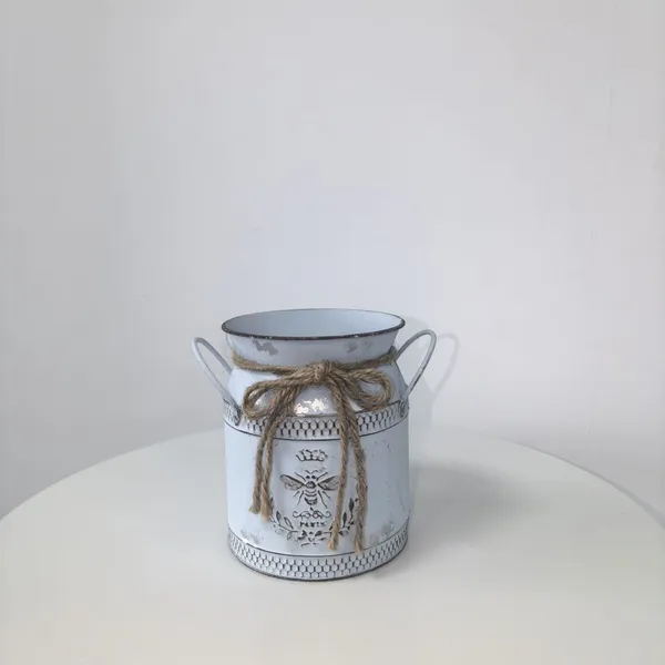 Distressed Light Blue Metal Milk Can Vase With Embossed Bee Pattern, Rope Bow & Double Side Handles, Farmhouse Decorative Flower Jug