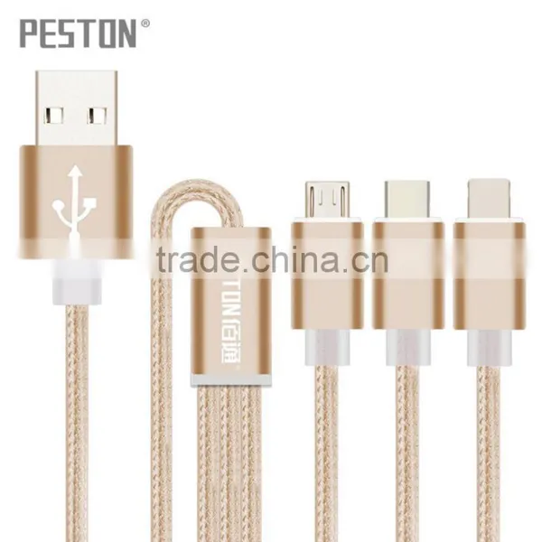 1.2m Nylon Woven Three Metal Plugs 3 in 1 Micro USB Cable Colorful Phone Cable for IPhone 6 6s Plus 5s Android Type C