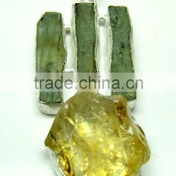 Green Kyanite & Citrine Rough Gemstone Pendant, 925 Solid Sterling Silver Pendant, Designer Raw Bezel Pendant photo-2