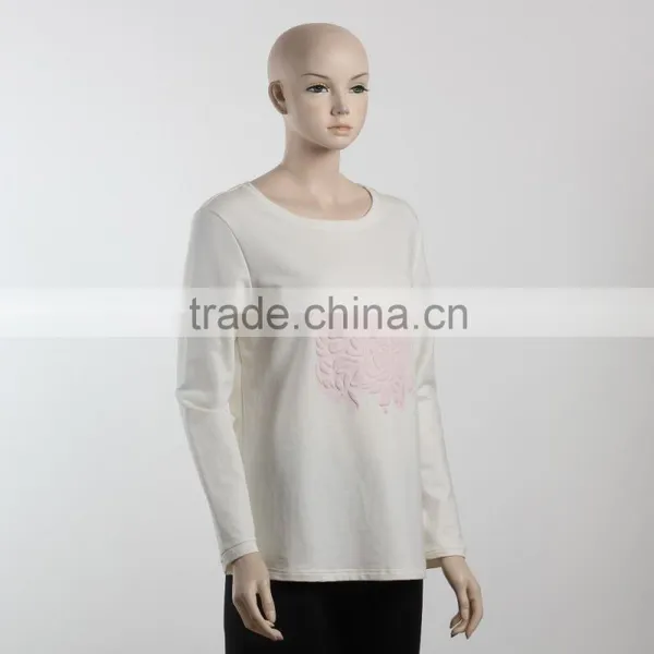 F5S10191 New Fashion White Flocking Print Women Long Sleeve T Shirts photo-2
