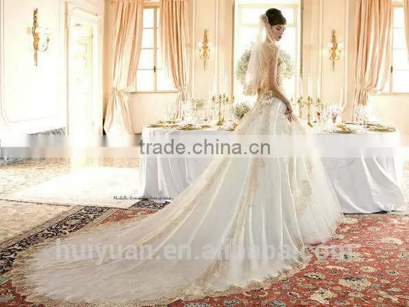White Champagne Lace Strapless Ball Gown Cathedral/ Royal Train Wedding Dresses photo-2