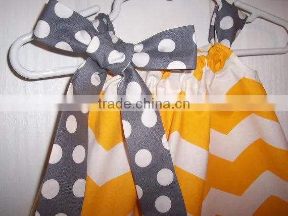 Children's Yellow Chevron and Polka Dot Hem Girls Pillowcase Dresses With Ribbon Childrens Boutique Clothing photo-3