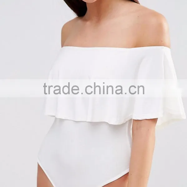 MGOO Women Slinky Bardot Bodysuit With Frill Overlay Plain White Sexy Off Shoulder Bodysuit Playsuit photo-4