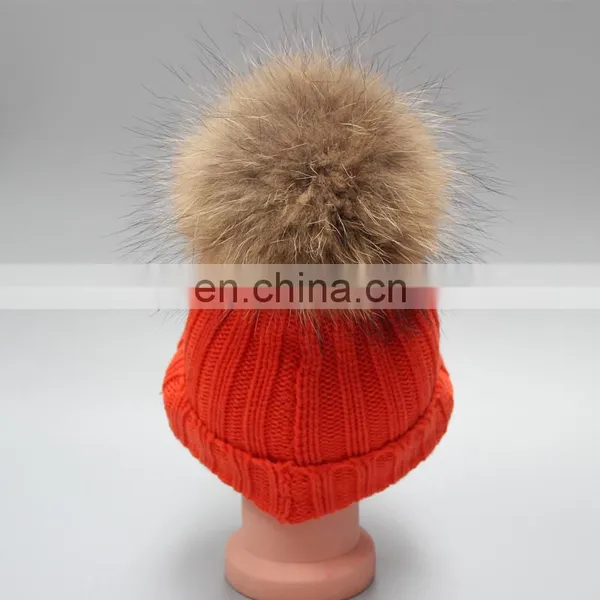 Top Grade Red Child Pompom Hats for Kids With 15cm Large Raccoon Fur Ball photo-4