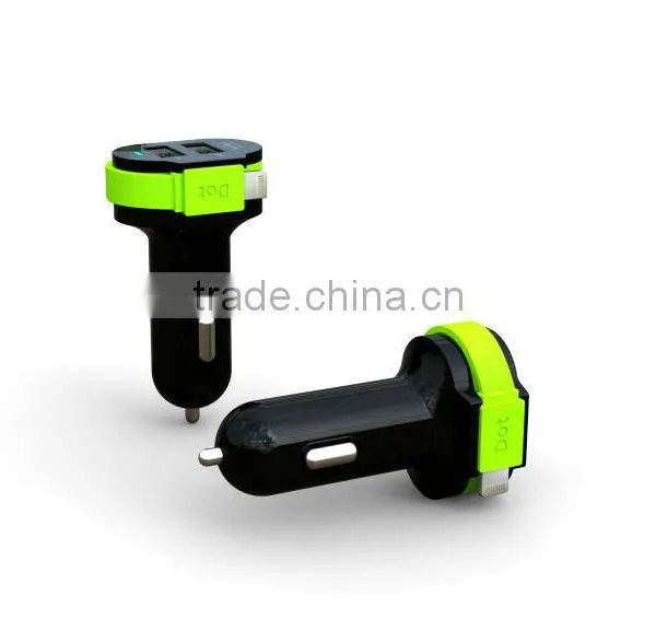 2.4A car charger with inbuilt lightning cable and micro USB cable