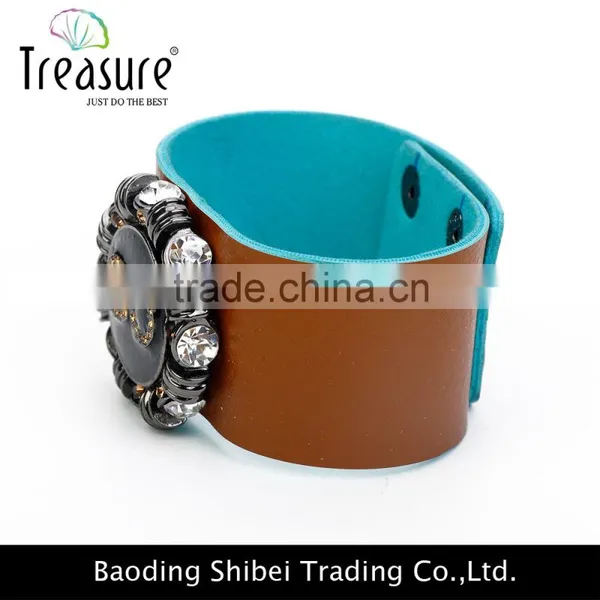 Wide Leather Bangle With Delicate Rhinestone Watch Shape Charm Bangle Jewelry for Unisex New Design in 2016 photo-6