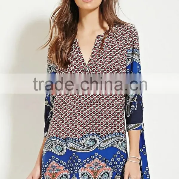 2016 V Neck Rayon Printed Loose Blouse Dress For Contemporary Women photo-2