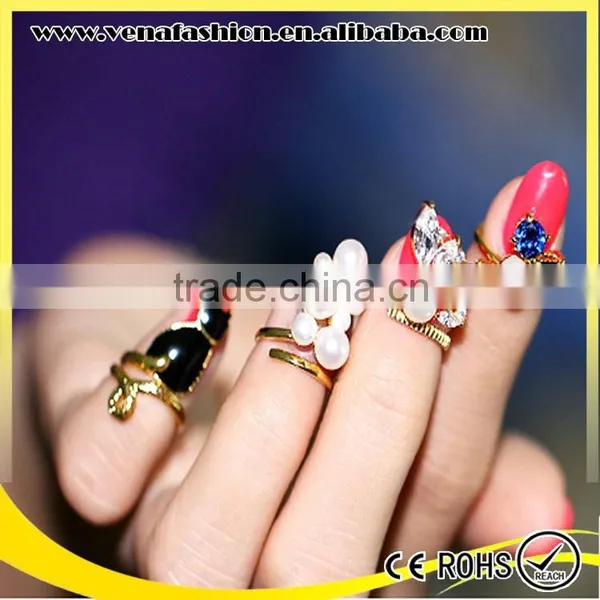 Girls Japan Gemstone Pearl Finger Nail Ring Jewelry