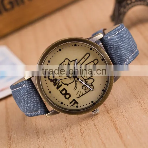 Wholesale Factory Price Free Sample Colorful Printing Thumbs up Leather Strap Quartz Watch photo-3