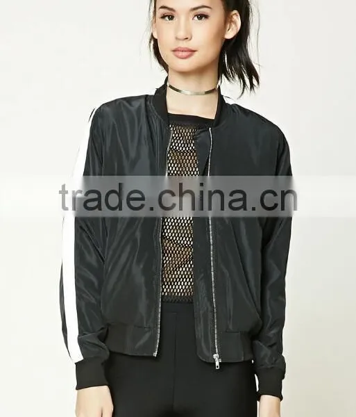 Wholesale Price Boutique Girl Clothing Woven Contrast Sleeve Zipper Front Basic Collar Stripe Lady Fashion Soccer Bomber Jacket photo-3