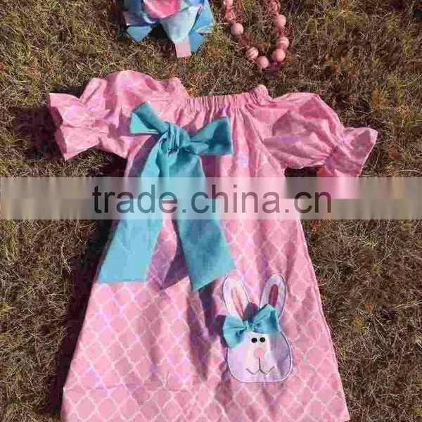 2015 Baby Girls Easter Pink Quatrefoil Teal Bunny Dress Kids Clothes With Necklace and Bows Set photo-3