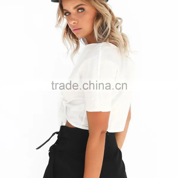 Latest Design Sexy Deep V Neck Crop Tops Short Sleeve Blouse 2017 photo-2