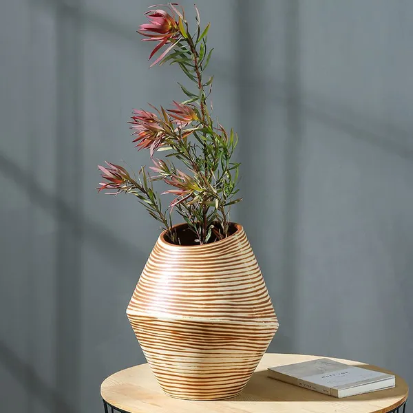 Large Tall Stripe Ceramic Flower Arrangement Vase For Balcony Garden Study Decoration photo-3