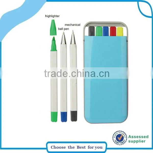 Ball Point Pen Set in Plastic Box, 5 in 1 Highlighter Pen photo-3