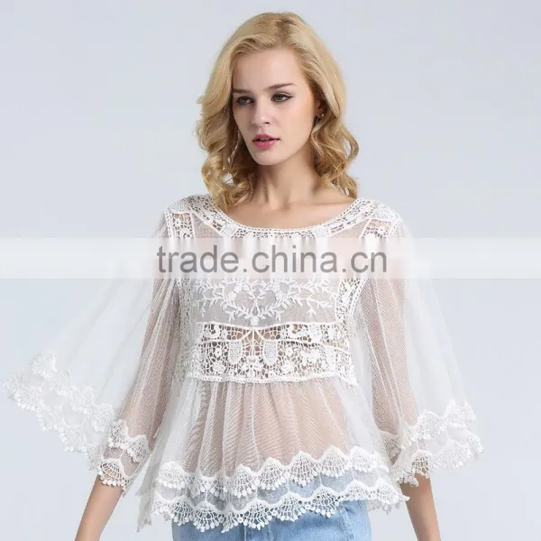 Women Bell Sleeved Floral Cotton Lace Crochet Blouse With Scalloped Cuff and Hem