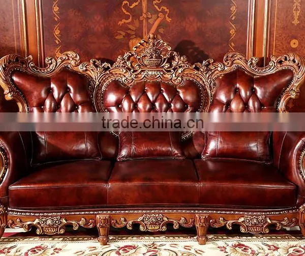 Luxurious Classic Solid Wood Hand Carved Leather Sofa, Hotel Lobby Leather Sofa Set(MOQ=1 SET) photo-2